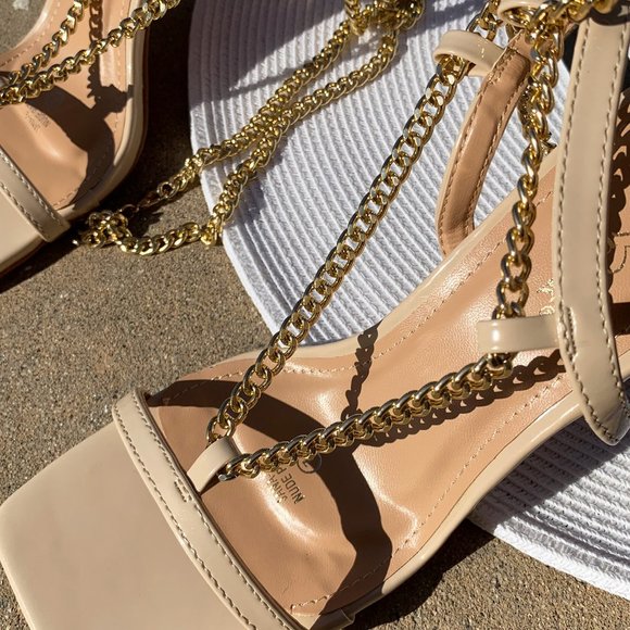 HP💃 Nude Gold Chain Anklet Leg Wrap Heel Sandals - Picture 5 of 7